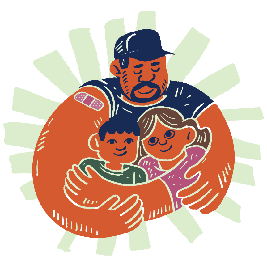 Father is hugging children